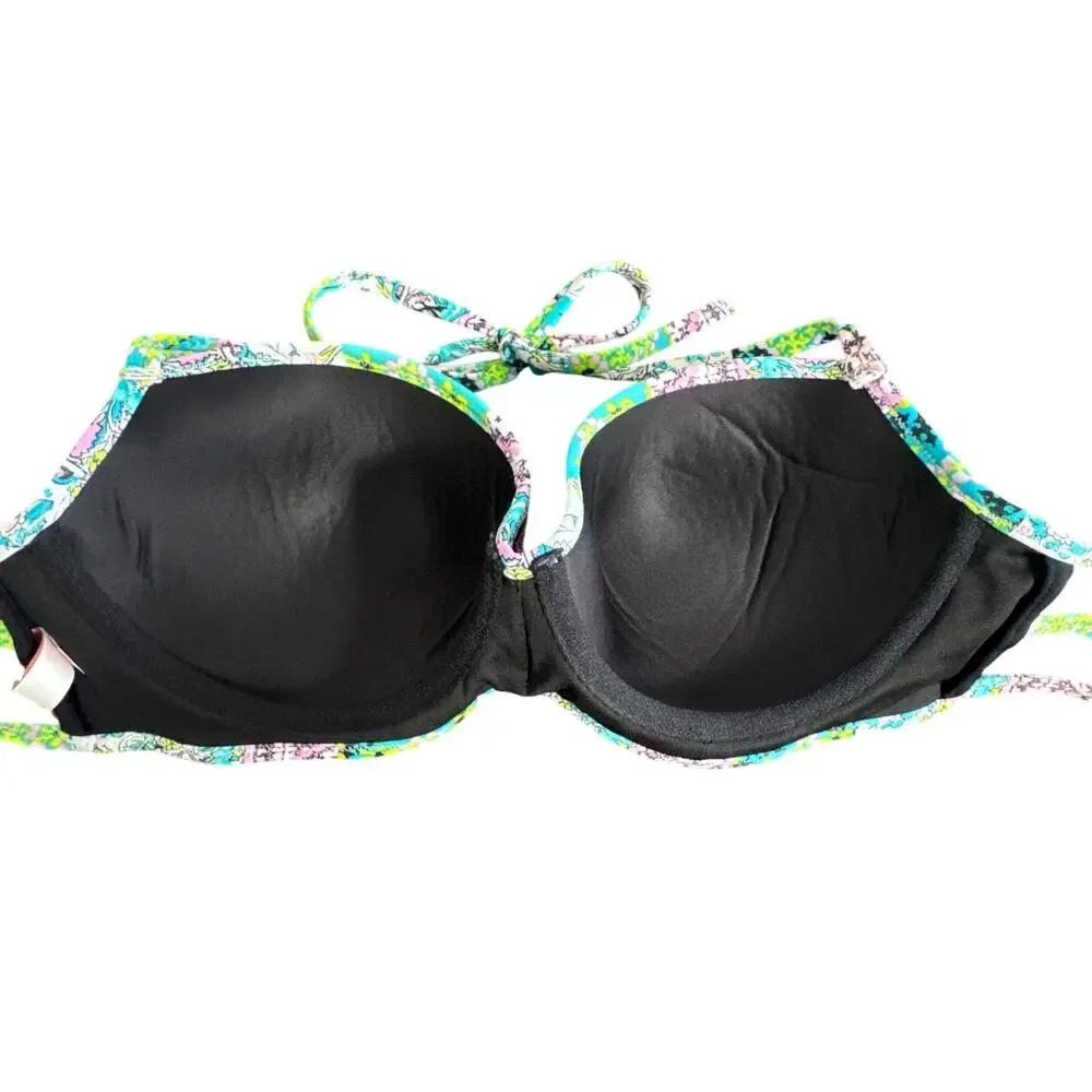 Victorias Secret Bali Embroidered Getaway Halter Bikini‎ Top Black Size 36C